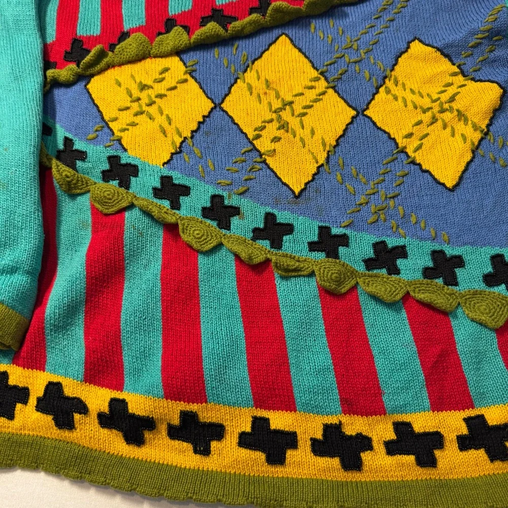 90s Vintage Retro Ann Wi Geometric Argyle Striped Knit Polo Sweater Large Beaded - Picture 3 of 15